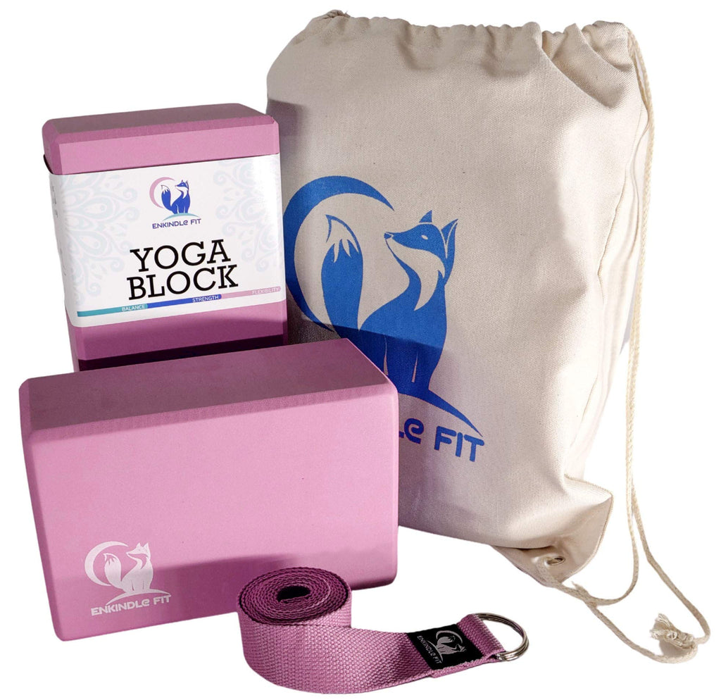 Ultimate Yoga Block 2 pack with Strap - Eco-Friendly Nontoxic EVA Yoga Blocks Metal D-Ring Strap - 9x6x4 foam bricks Ideal for Yoga Pilates Dance - Convenient Drawstring Bag (Pink))