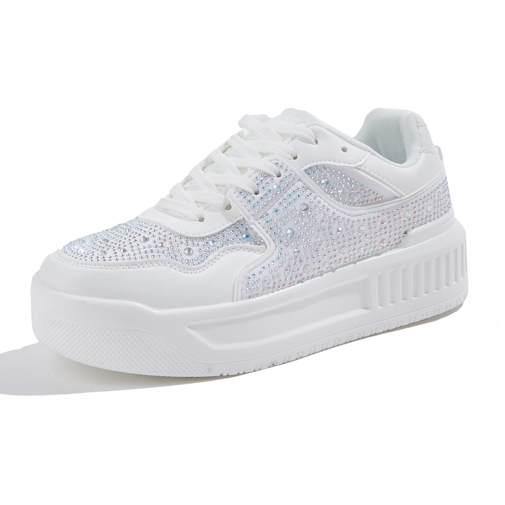 Niluber Womens Platform Sneakers Sparkle Rhinestone Chunky Shoes White Leather Low Top Tennis Shoes Lace Up Casual Walking Shoes（White Rhinestone9）