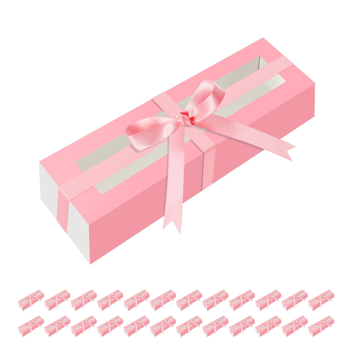 HAPPY POTATO 25 Pack Valentine Macaron Boxes for 6 7.2×1.9×1.9 Inches Macaron Packaging Boxes Pink Macaron Boxes with Window Macaron Container Packaging Boxes with Ribbon
