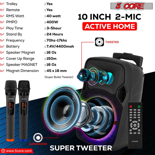 5Core 10 inch PA Portable Bluetooth Party Speaker Karaoke Boombox + 2 Wireless Mics