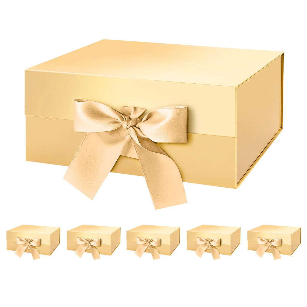 HAPPY POTATO 6 Gift Boxes with Ribbon 9x6.5x3.8 Inches Gold Gift Boxes with Lids Bridesmaid Proposal Boxes Magnetic Gift Boxes for Presents (Glossy Gold Pack of 6)