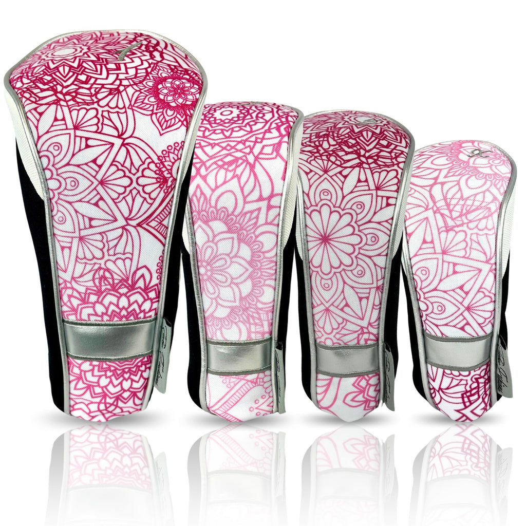 Womens Designer Golf Club Covers 4 Pack - Taboo Fashions Numbered Head Covers for Driver Woods & Hybrid - Weather/Moisture Resistant Protection (Pink Mandala)