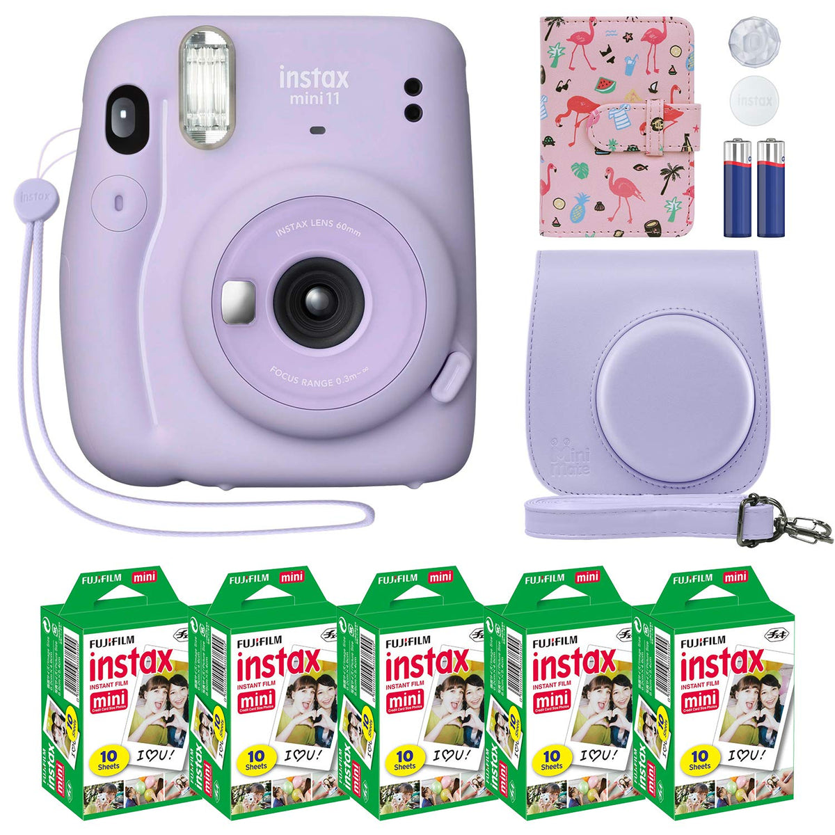 Fujifilm Instax Mini 11 Instant Camera Lilac Purple + Custom Case + Fuji Instax Film Value Pack (50 Sheets) Flamingo Designer Photo Album
