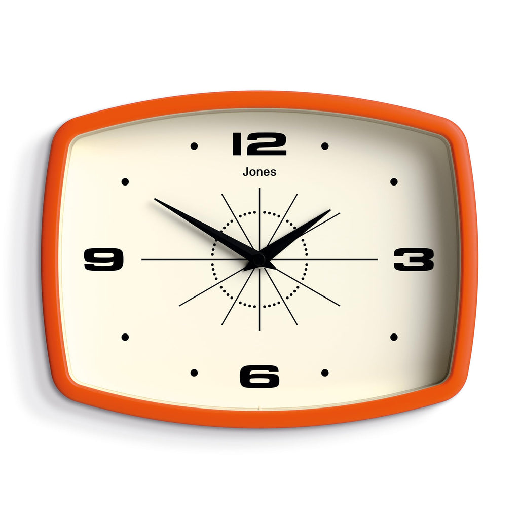 JONES CLOCKS® Movie Wall Clock | Retro Rectangular Clock | 10 inch | Orange | Cool Designer Look for Kitchen Living Room or Office