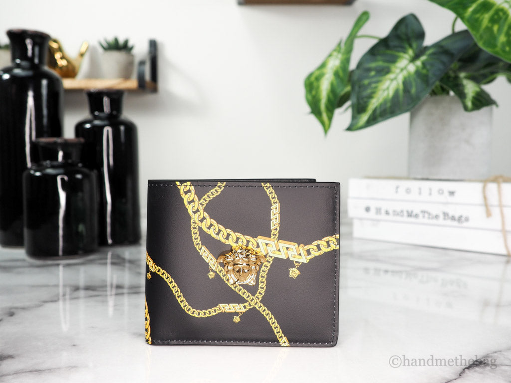 Versace Black Leather Gold Medusa Chain Logo Bifold Wallet