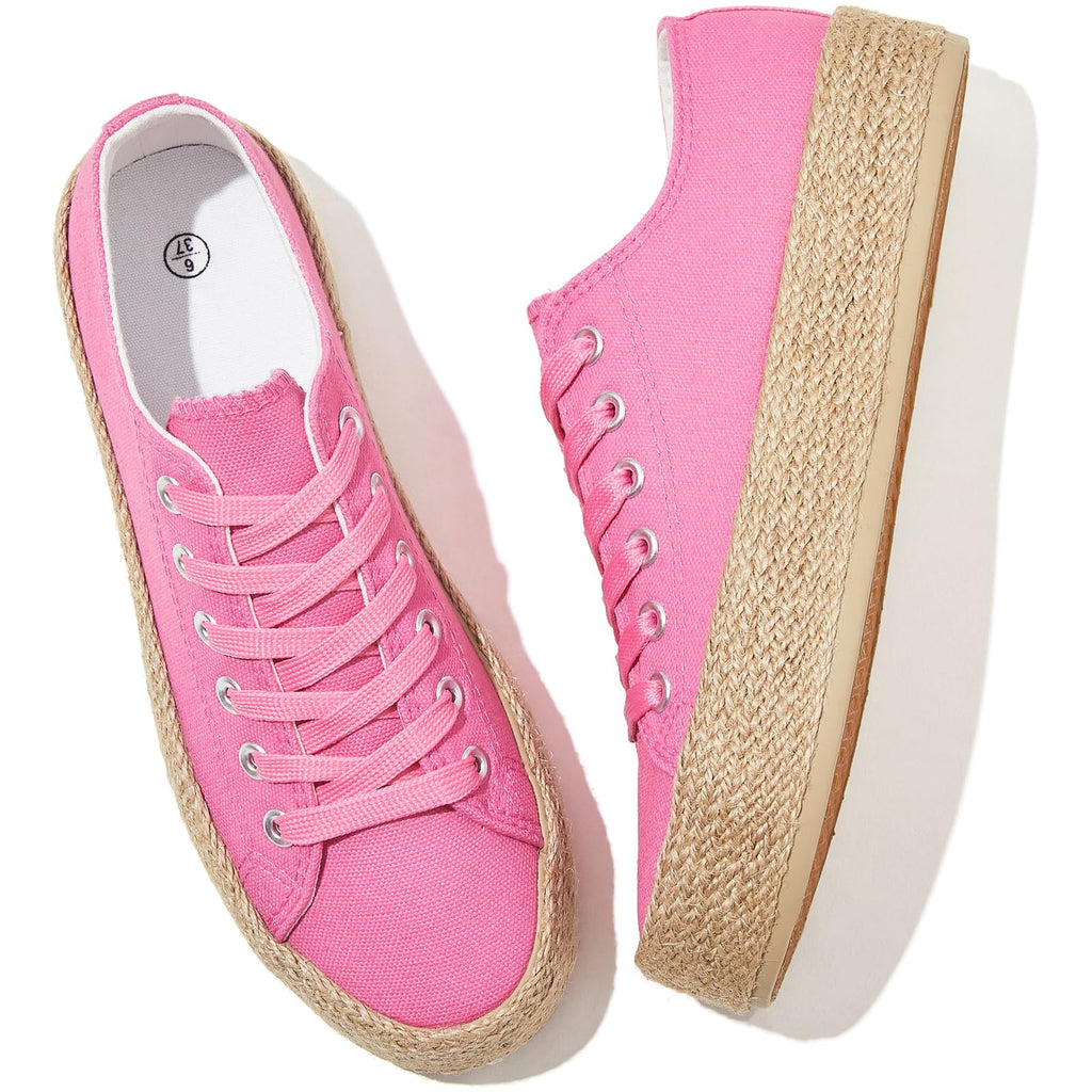 Waluzs Canvas Shoes for Women Pink Platform Sneakers Low Top Lace Up Tennis Shoes Comfortable Casual Walking Shoes US 11