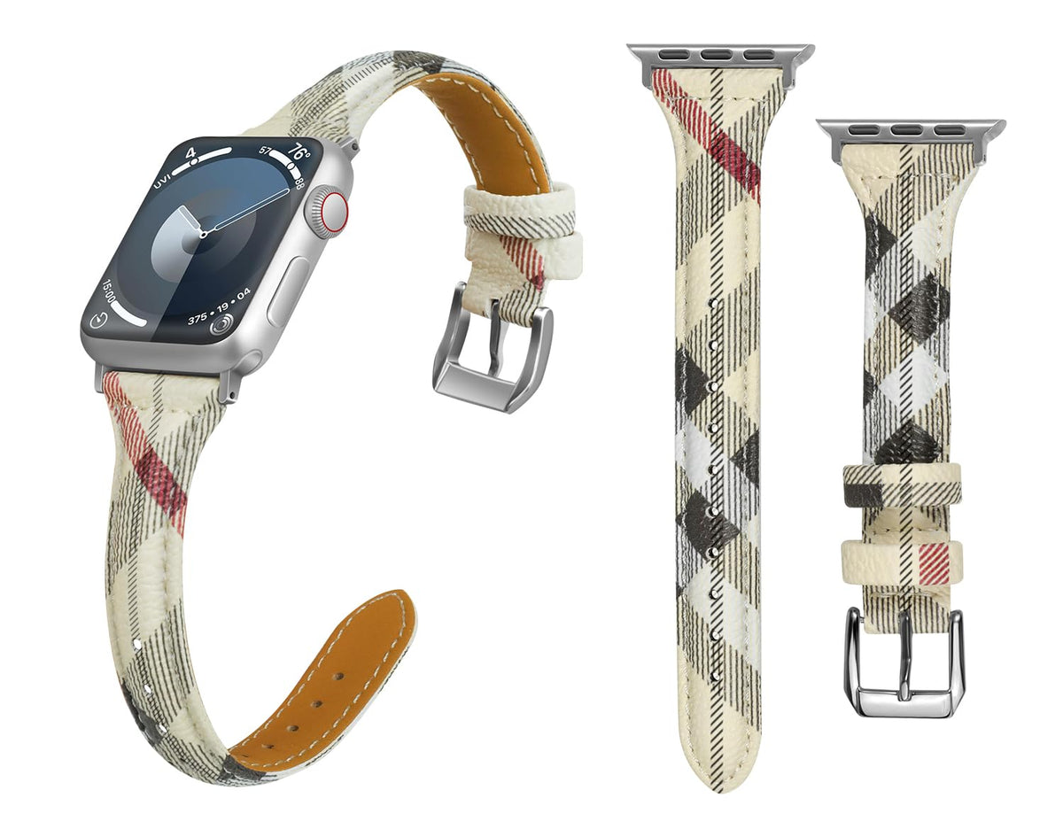REYUIK Slim Leather Band Compatible with Apple Watch Bands 49mm 45mm 44mm 42mm 41mm 40mm 38mm Plaid Designer Beige Straps Compatible with iWatch SE SE2 Ultra Ultra2 Series 9/8/7/6/5/4/3/2/1 Women Men (38/40/41mm White)