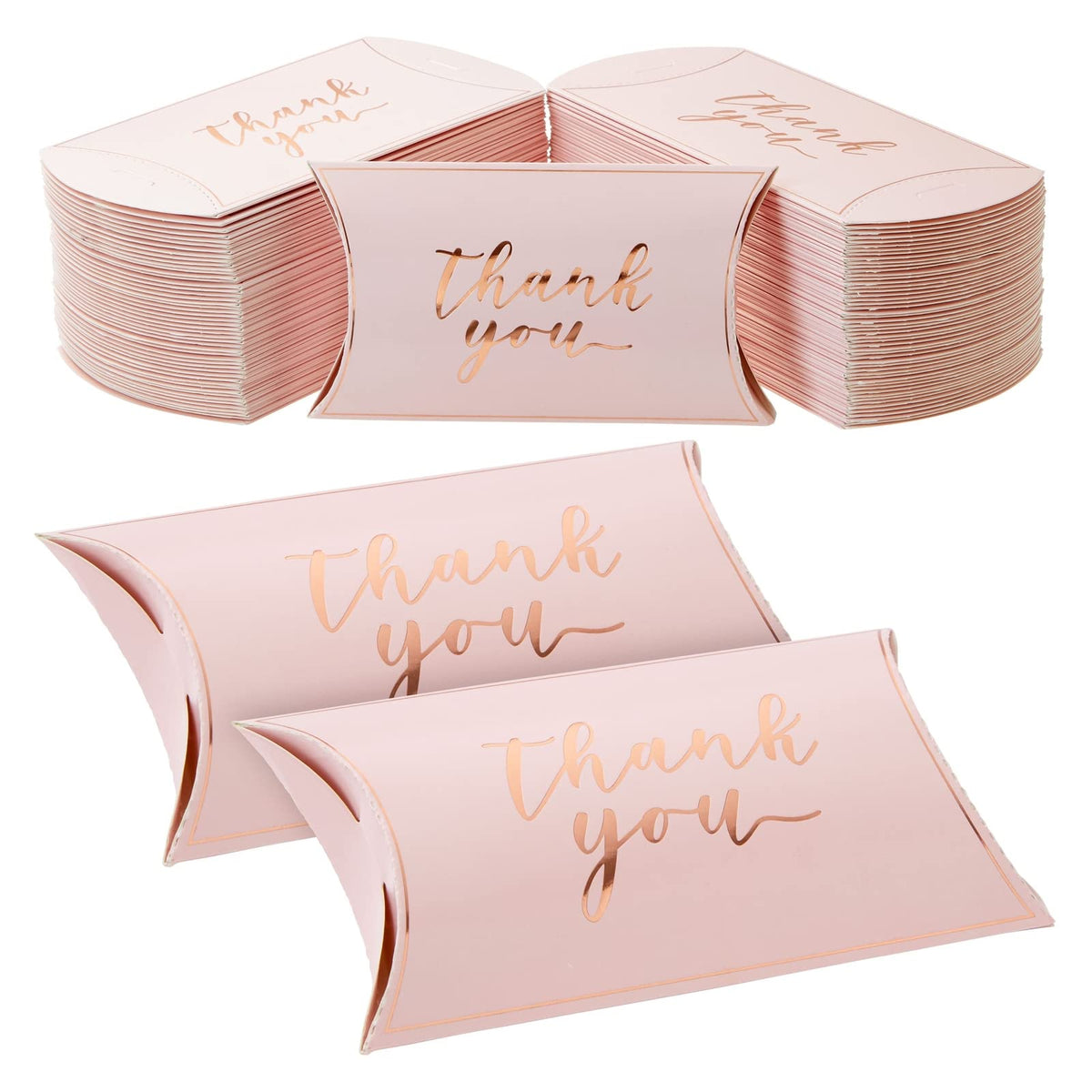 Sparkle and Bash 100-Pack Wedding Favor Pillow Boxes Bulk 5.2x3.2-Inch Kraft Paper Thank You Gift Boxes for Party Favors (Pink with Gold Script)