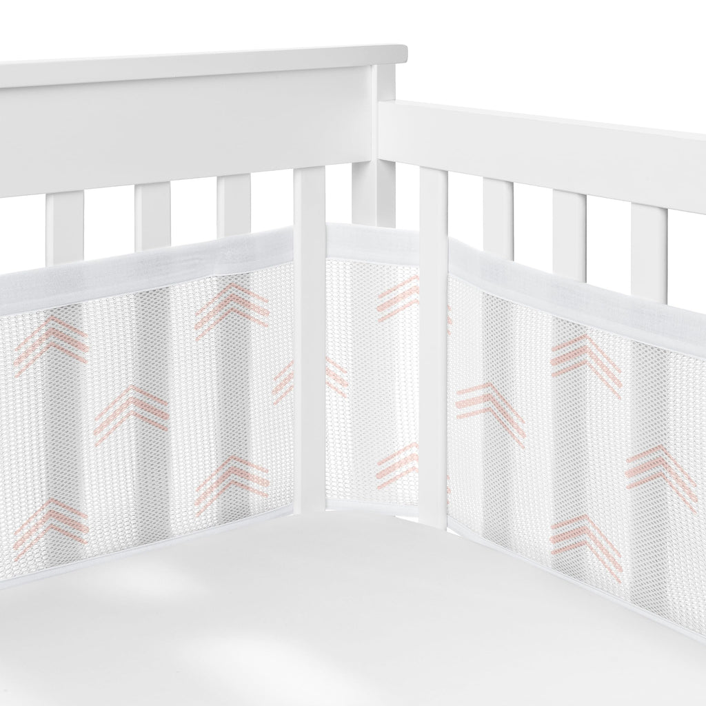 Sweet Jojo Designs + BreathableBaby Boho Bohemian Girl Breathable Mesh Crib Liner Baby and Infant - Blush Pink and White Farmhouse Shabby Chic Designer Modern Minimalist Geometric Arrows