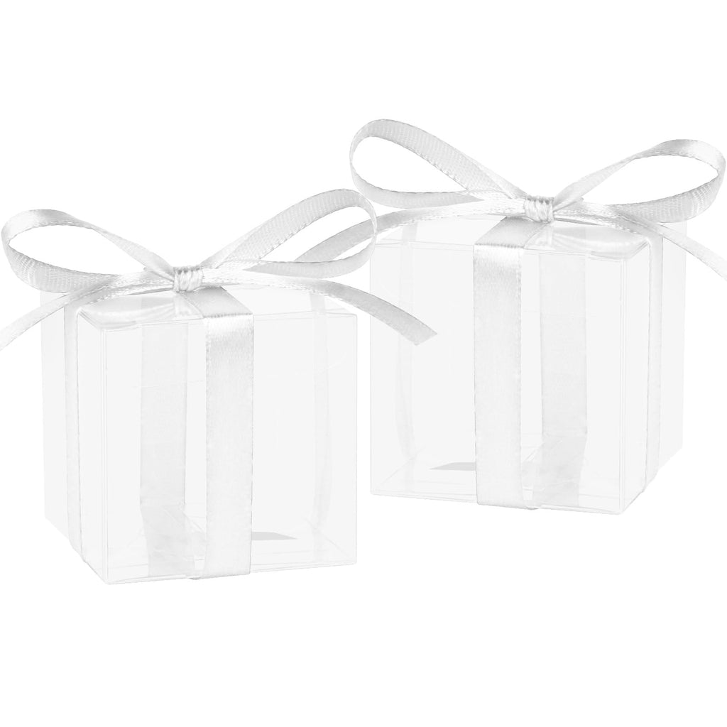 Adecortalk 50 Pcs Clear Favor Boxes 2x2x2 Inch Clear Plastic Gift Boxes with White Ribbon Clear Gift Boxes Macrame Boxes for Wedding Party Favor Boxes Baby Showers Christmas