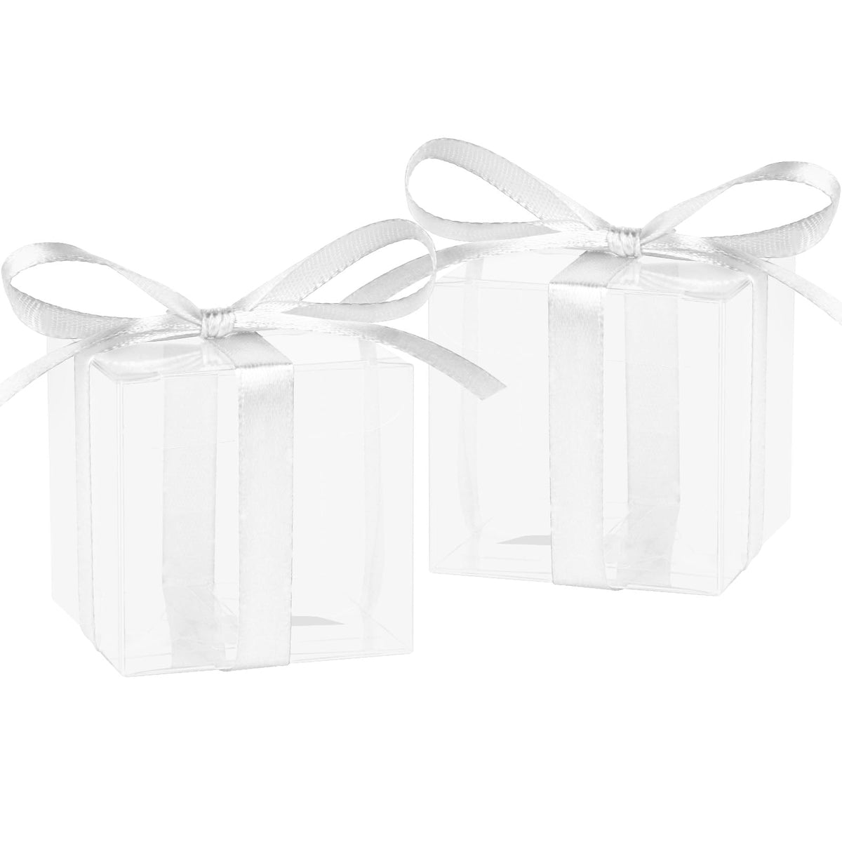 Adecortalk 50 Pcs Clear Favor Boxes 2x2x2 Inch Clear Plastic Gift Boxes with White Ribbon Clear Gift Boxes Macrame Boxes for Wedding Party Favor Boxes Baby Showers Christmas