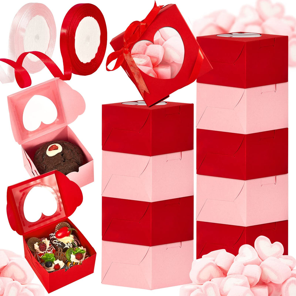 Henoyso 80 Pcs Valentines Day Cupcake Boxes Valentine Bakery Treat Boxes with Heart PVC Window Individual Cookie Boxes Candy Boxes for Gift Giving Mothers Cookie Boxes(Pink Red4 x 4 x 2.5 Inch)