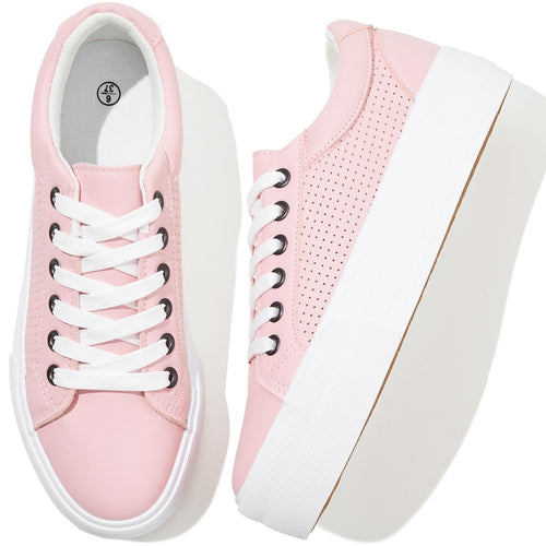 Adokoo Womens Platform Sneakers PU Leather White Sneakers Shoes for Women Black Low Top Lace Up Casual Fashion Walking Shoes(PinkUS11)