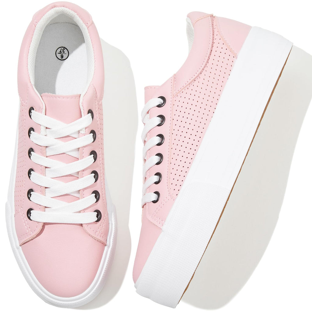 Adokoo Womens Platform Sneakers PU Leather White Sneakers Shoes for Women Black Low Top Lace Up Casual Fashion Walking Shoes(PinkUS11)