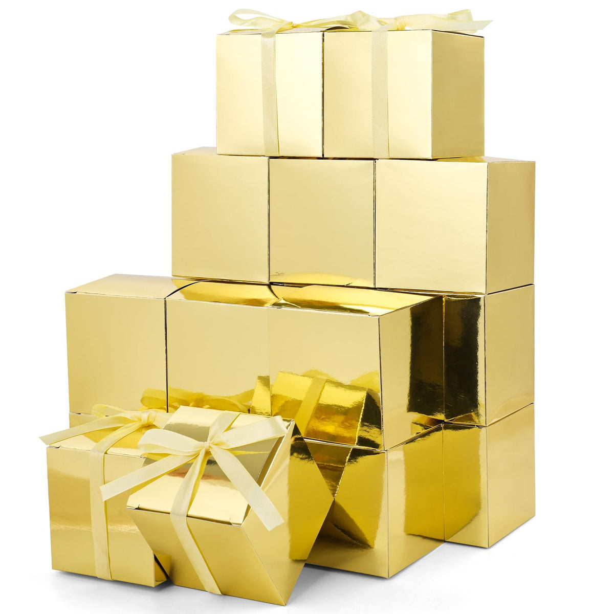 VGOODALL 50PCS Party Favor Boxes Small Gift Boxes Mini Gift Boxes with Ribbons 3 x 3 x 3 inches Tiny Cardboard Boxes Treat Boxes for Wedding Birthday Party Gold