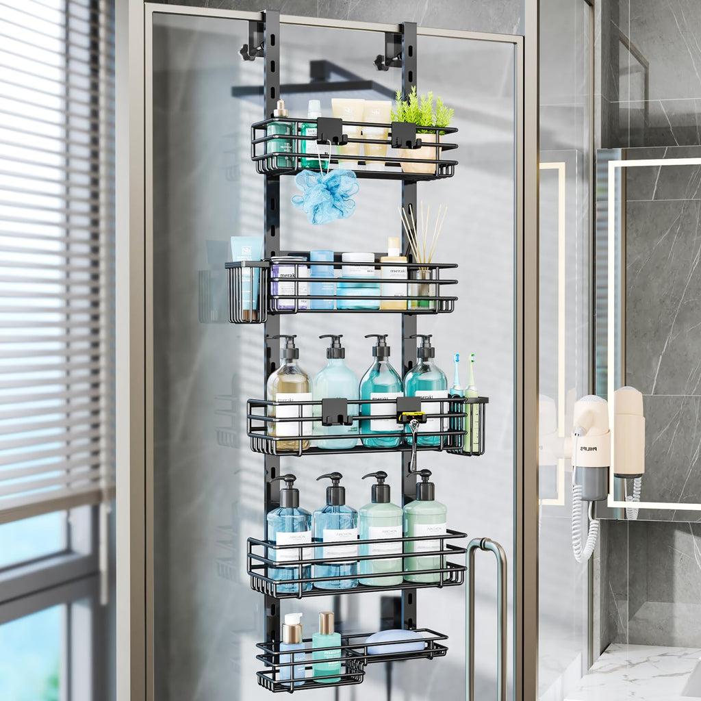 Consumest Over The Door Shower Caddy - 5 Tier Adjustable Shower Caddy Hanging with 2 Toothbrush Holders & 4 Hooks Rustproof Shower Oragnizer Shower Storage Rack for Bathroom Shower Room Black