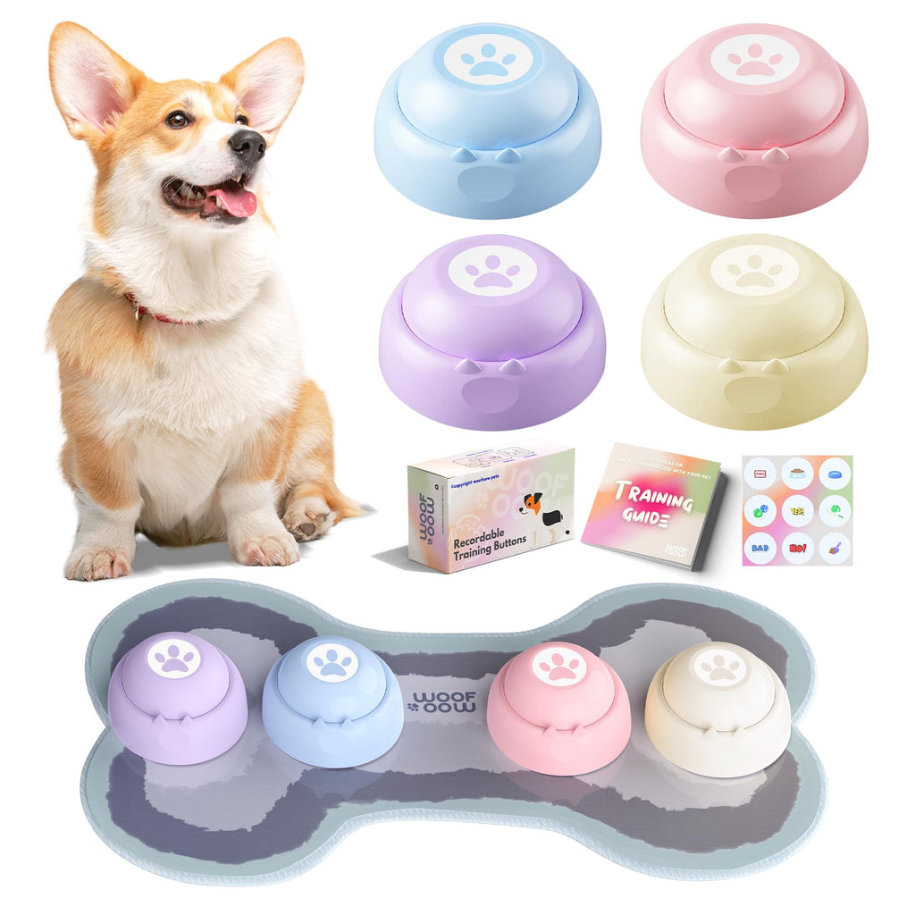 WOOFOOW Dog Buttons Talk Recordable Dog Training Buttons for Communication Wireless Dog Door Bells to Go Outside Potty Bells for Dogs with Training Manual Designer Mat and Stickers 4 Buttons