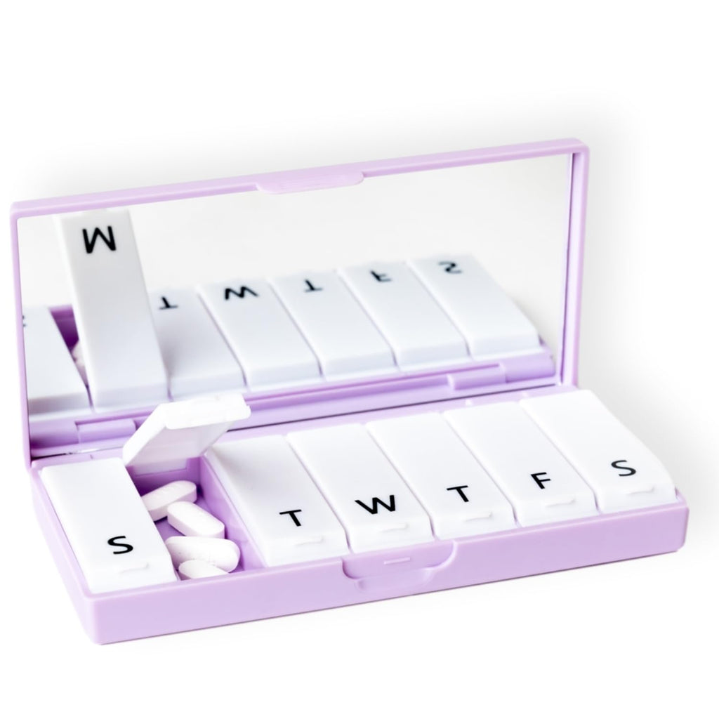PORT X POLISH Designer Weekly Pill Box Organizer (Single 1X Daily Lilac) | Compact Stylish 7-Day Vitamin Supplement Case | Cute Portable Mini Travel Medicine Carrier | BPA-Free Pillbox Caddy