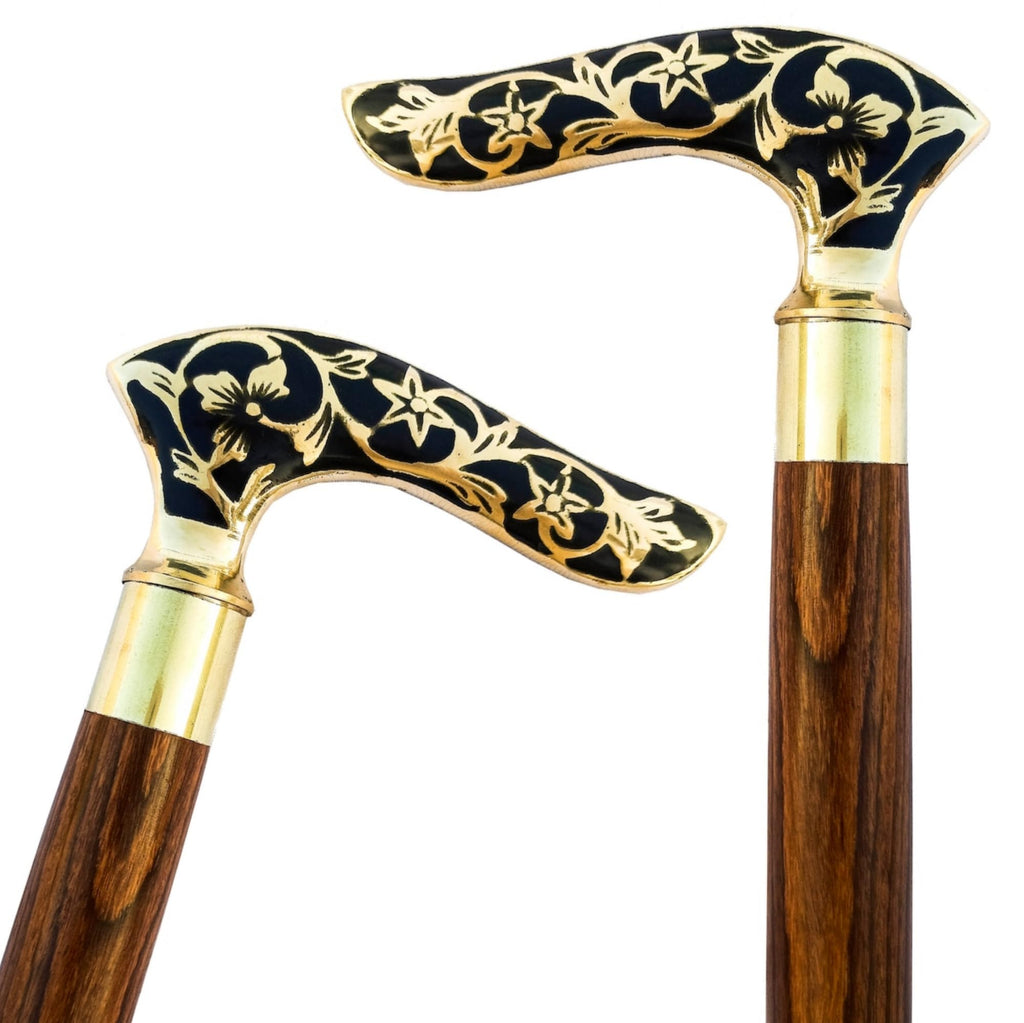 WAVE NAUTICAL Brass Walking Solid Vintage Designer Victorian Simple Wooden Cane Antique Style Folding Walking Stick 36" Inches with Brass Handle for Men and Women