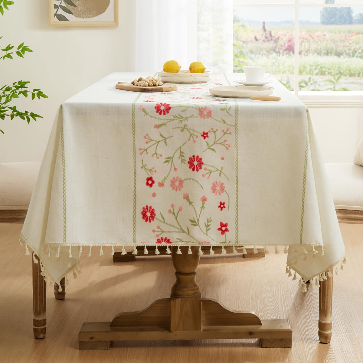 Softalker Spring Linen Tablecloth Rectangle Designer Pattern Boho Tablecloth with Pink Flowers and Twig Floral Farmhouse Table Cover Cloth Decorative for Kitchen Dining Room(55x79 Inch)